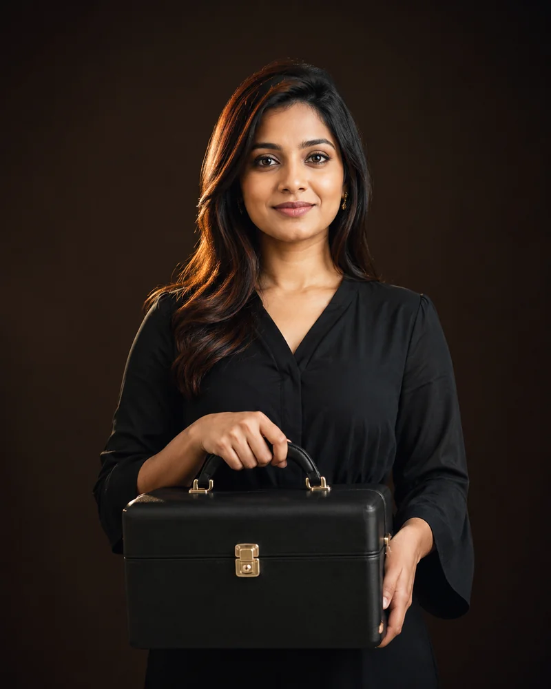 Portrait of a Belvie beauty advisor holding her kit